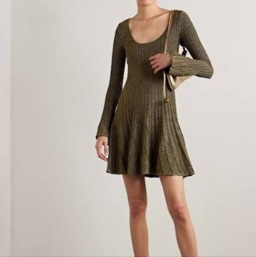 S NWOT Staud Raquel Metallic Ribbed Knit Mini Dress